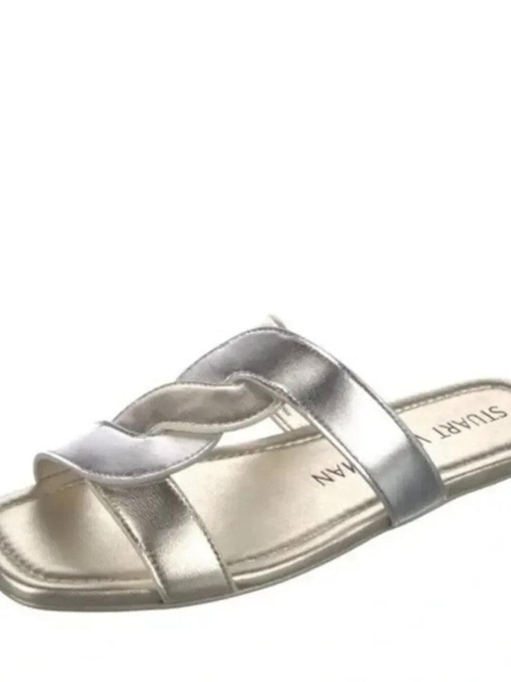 Stuart Weitzman Silver Crossover Flat Slide Sandals Metallic Leather